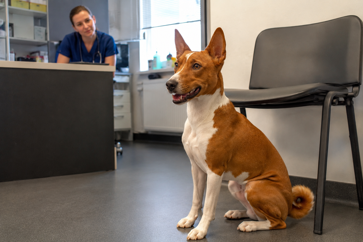 Veterinář vyšetřuje mladého basenjiho kvůli podezřelému výrůstku u tlamy
